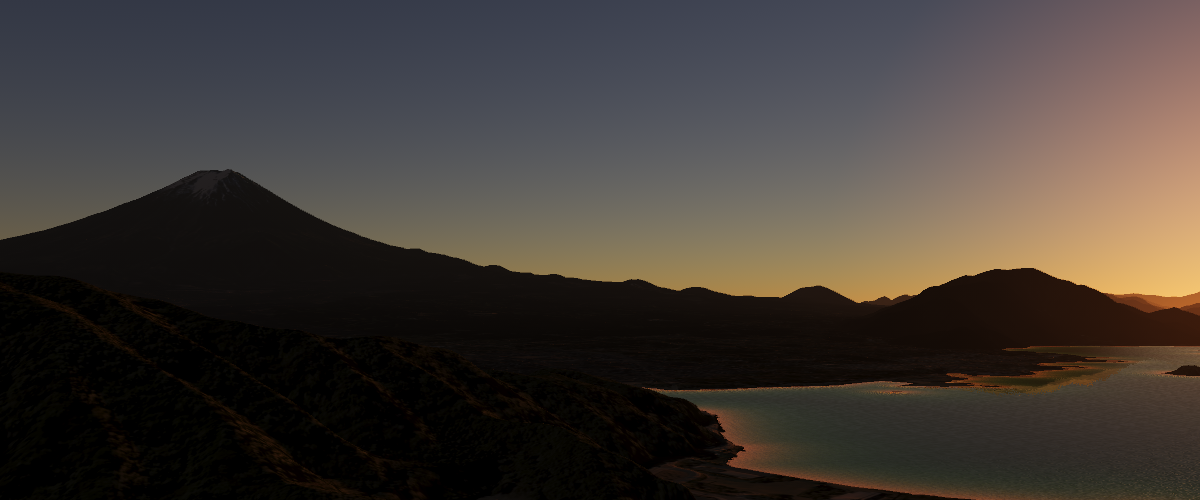 Sunset on Mt. Fuji with a reflective water surface on Lake Kawaguchi