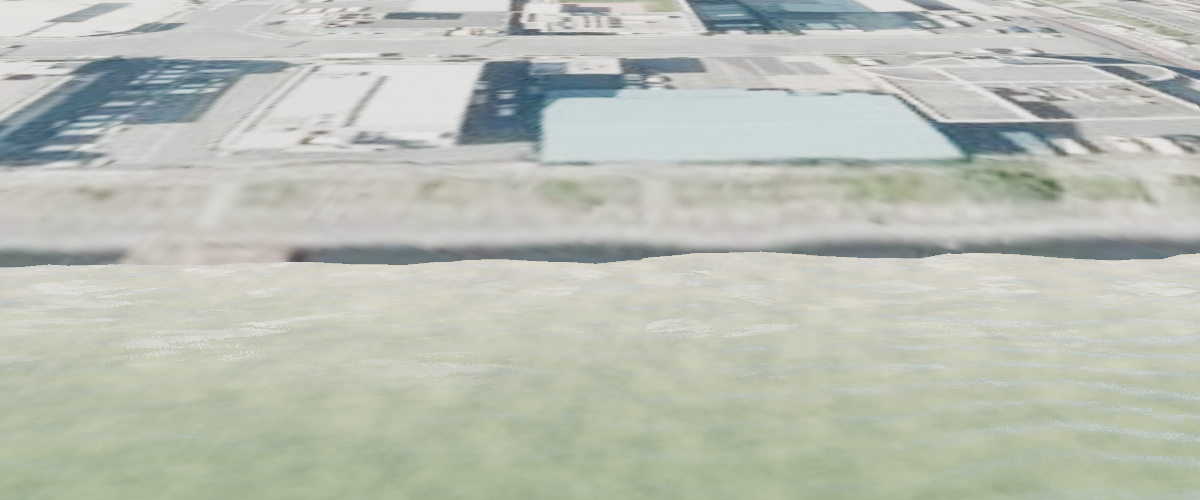 Shore waves and foam driven by the terrain around the water
