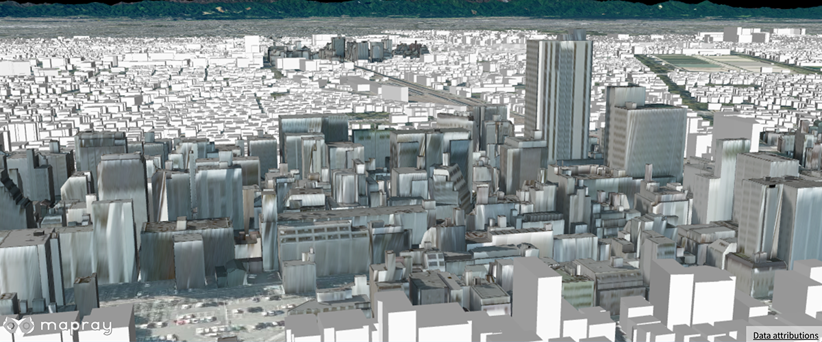 Displays 3D building data uploaded to Mapray Cloud on the earth 