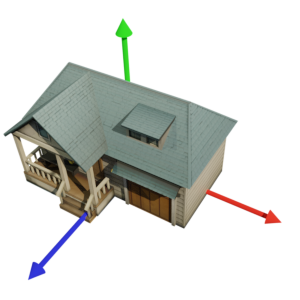 glTF 座標系で \(y\) 軸が上方向で出力されている座標軸の図